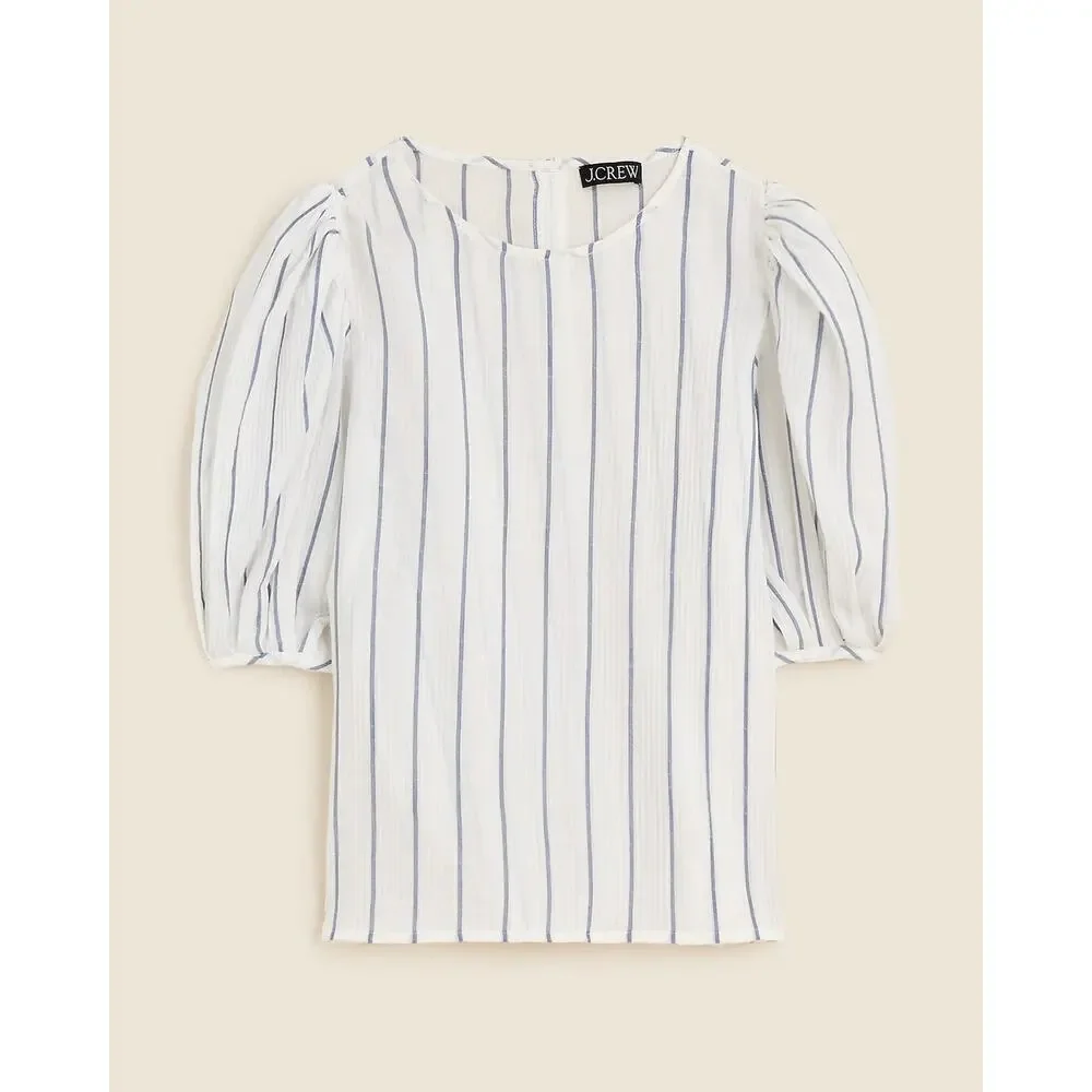 J.Crew Women's Blue White Stripe Puff-Sleeve Top In Sheer Gauze Size M NWT